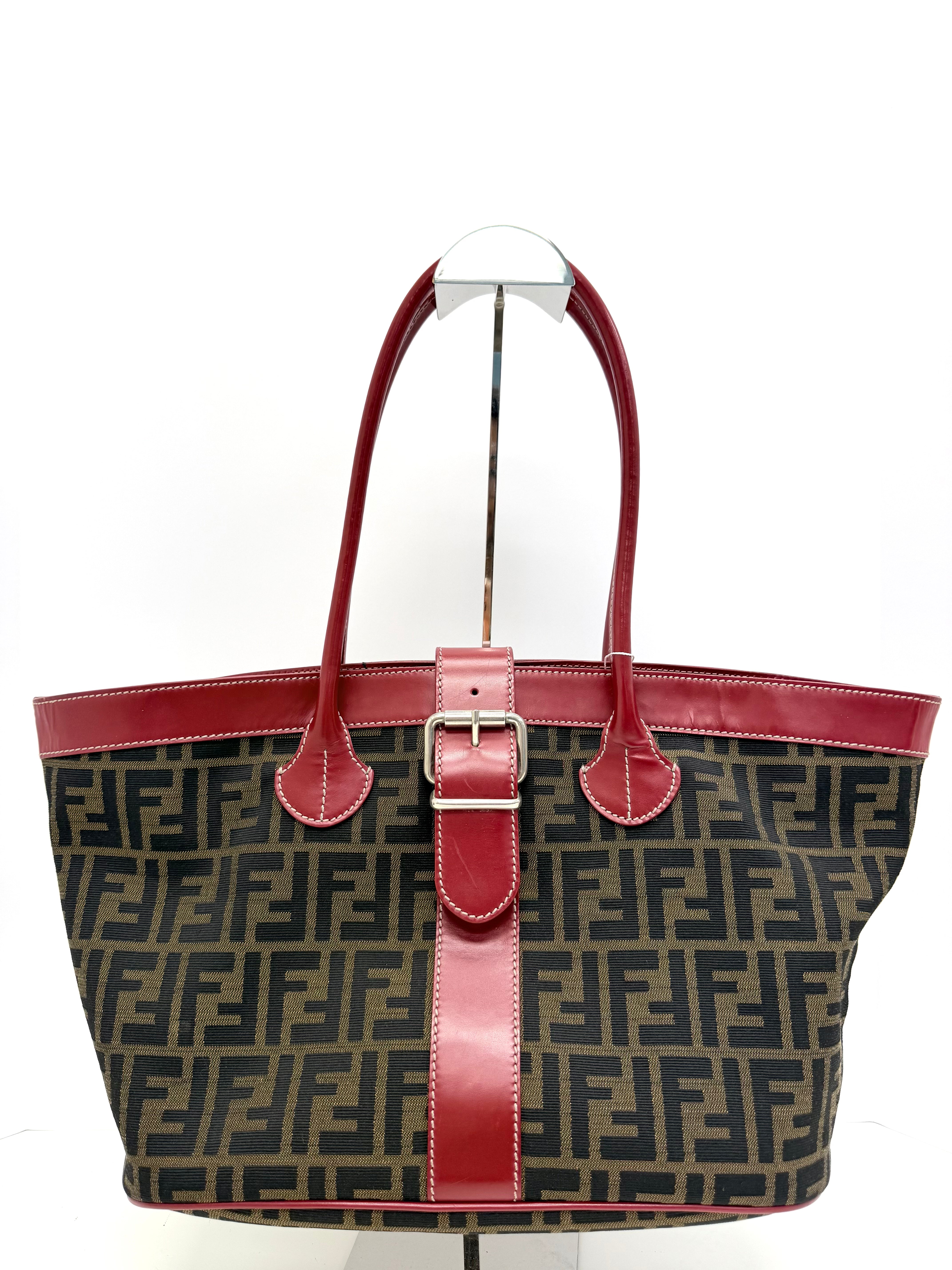 Fendi Zucca Tote Bag Red Leather Trim