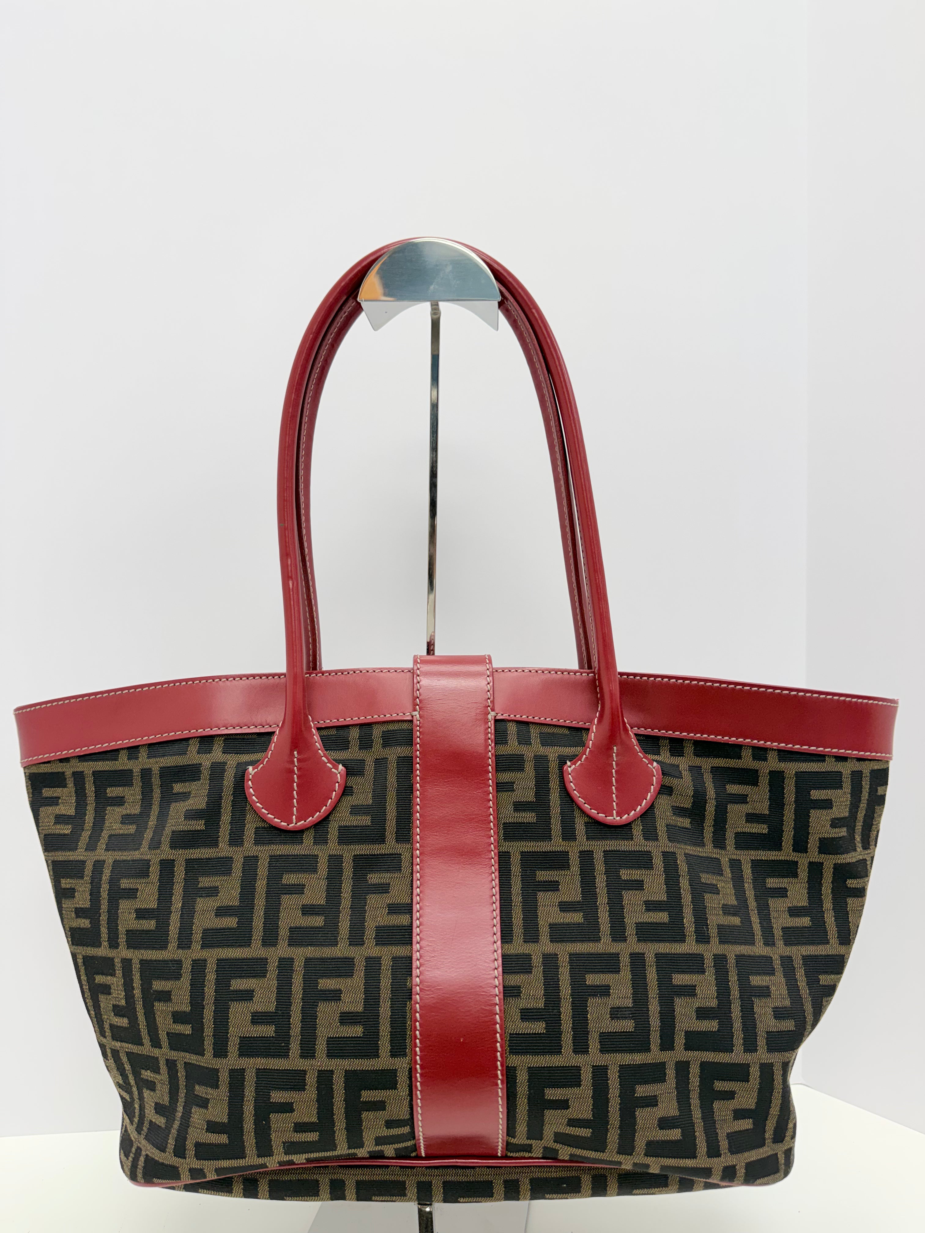 Fendi Zucca Tote Bag Red Leather Trim