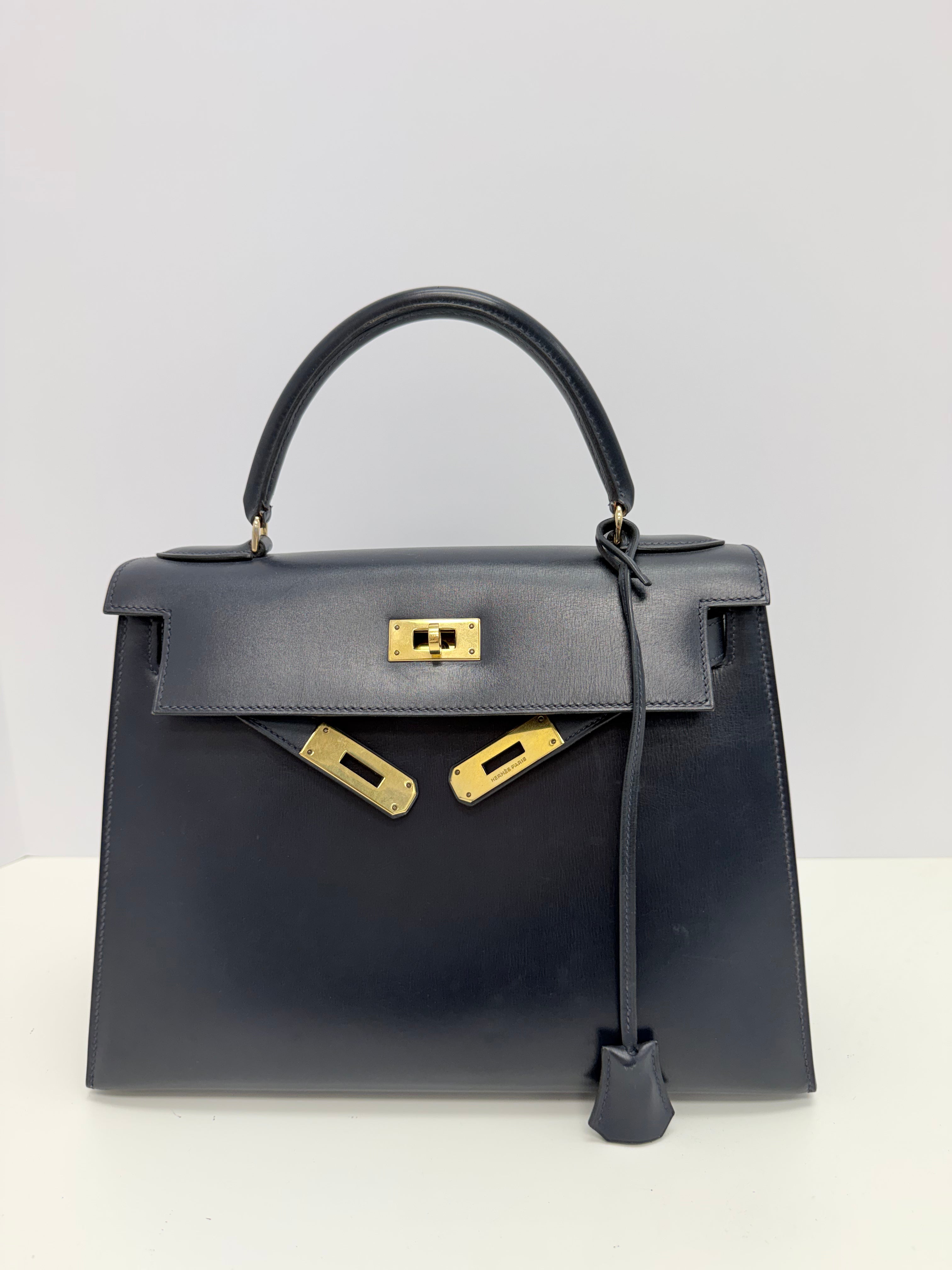 Hermes Vintage Kelly Sellier 28 Gold Finish Blue Nuit Box Top Handle Bag