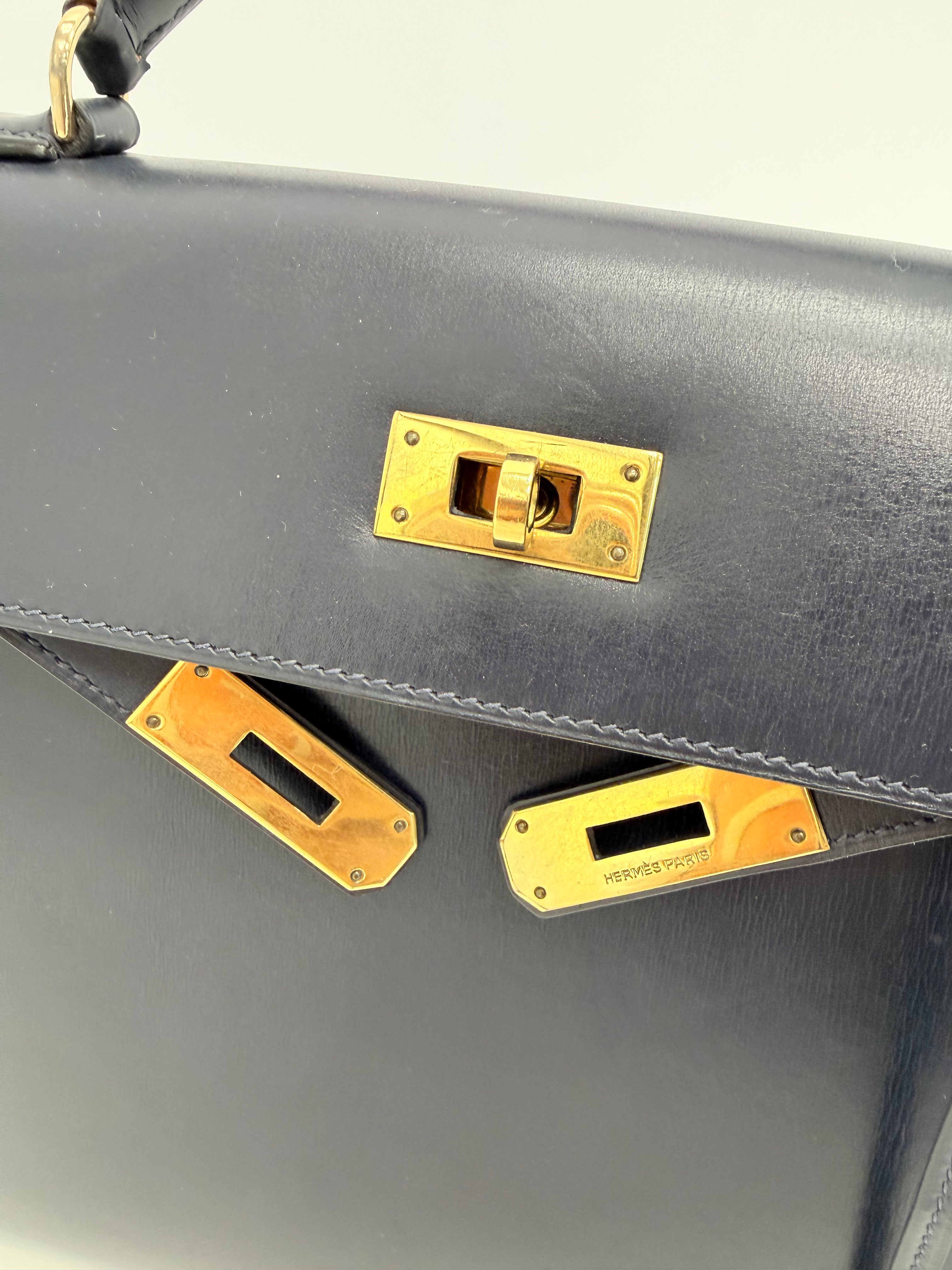 Hermes Vintage Kelly Sellier 28 Gold Finish Blue Nuit Box Top Handle Bag