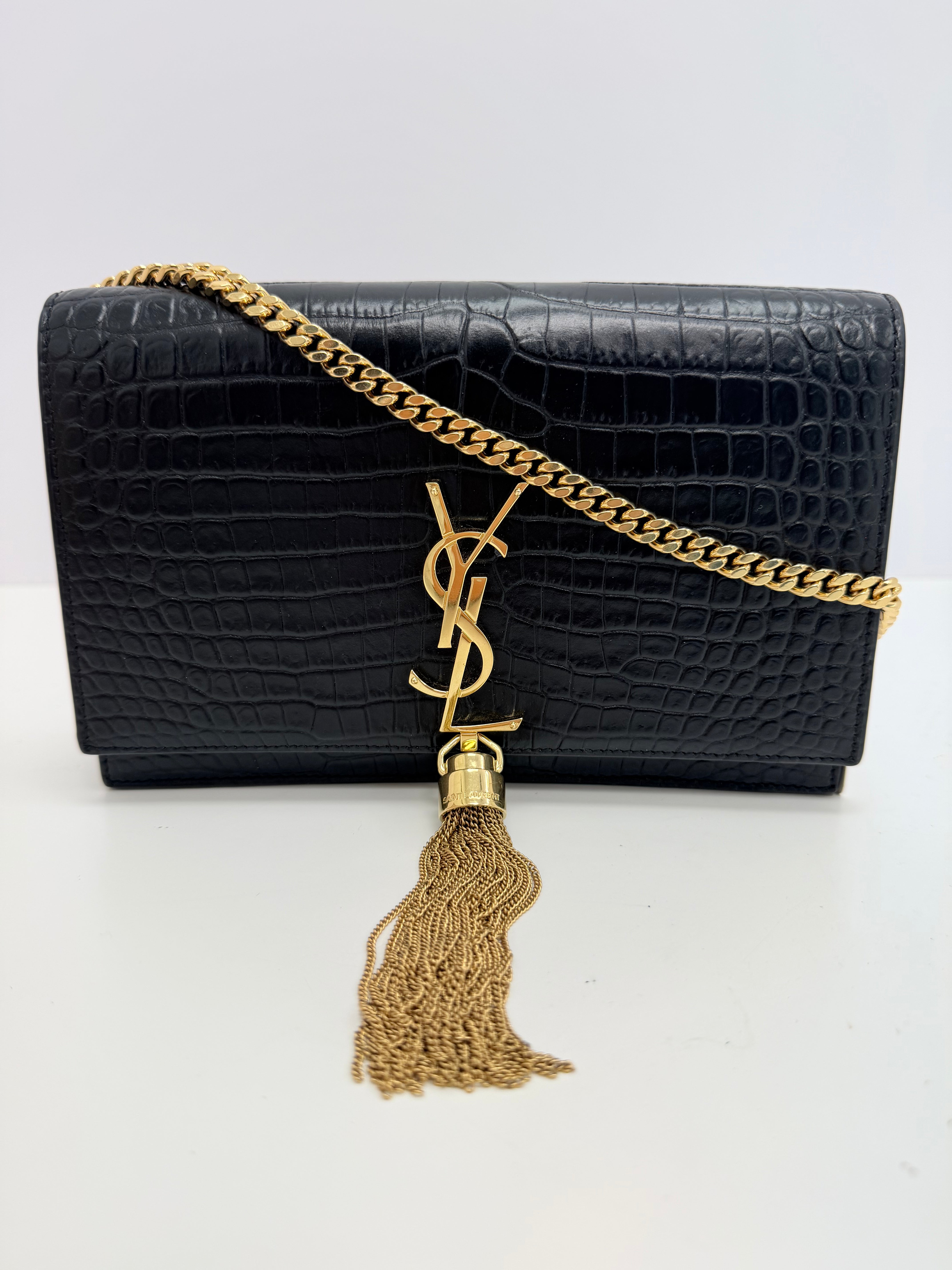 Saint Laurent Crocodile Embossed Kate Tassel Crossbody Bag Small