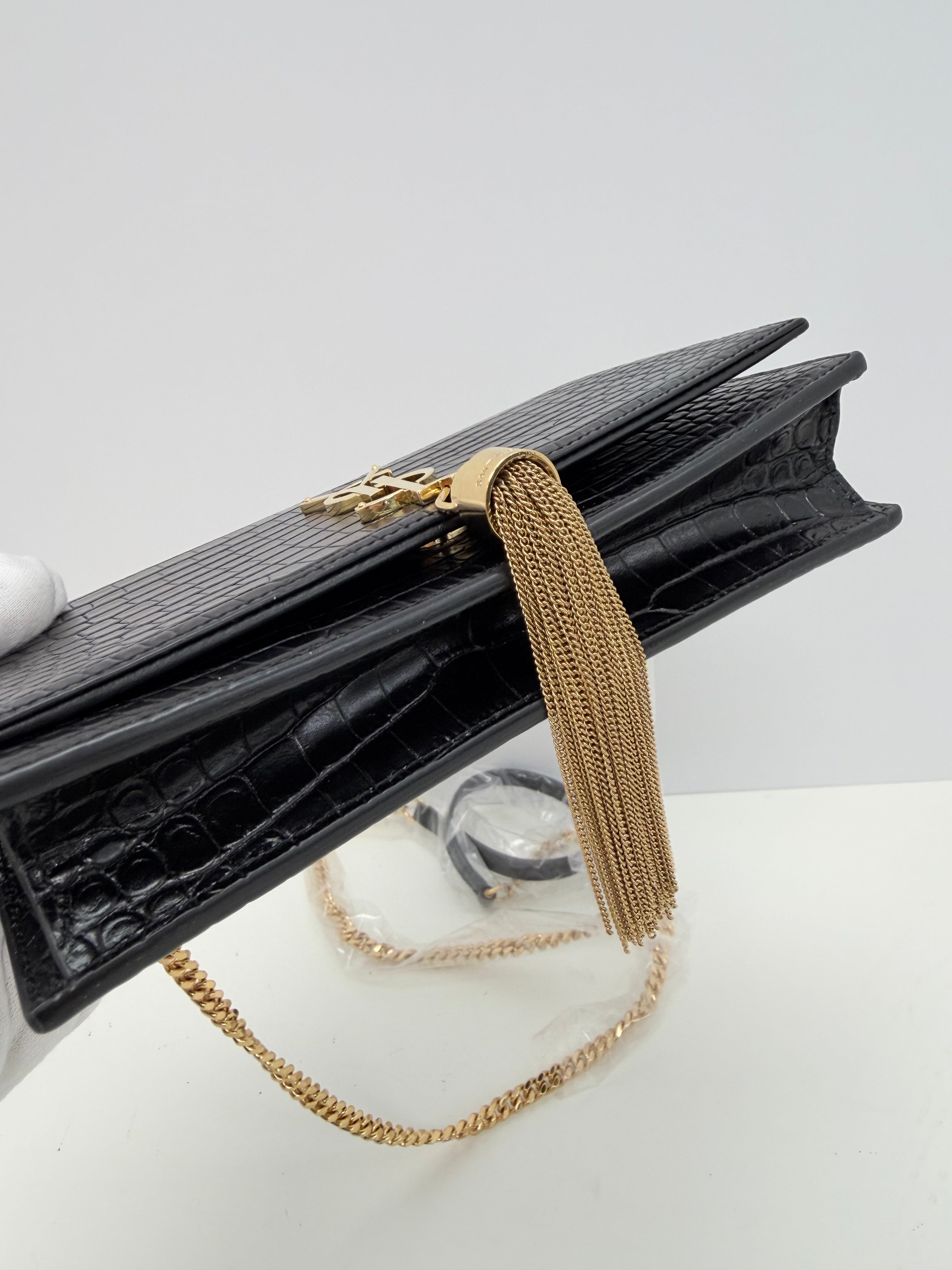 Saint Laurent Crocodile Embossed Kate Tassel Crossbody Bag Small