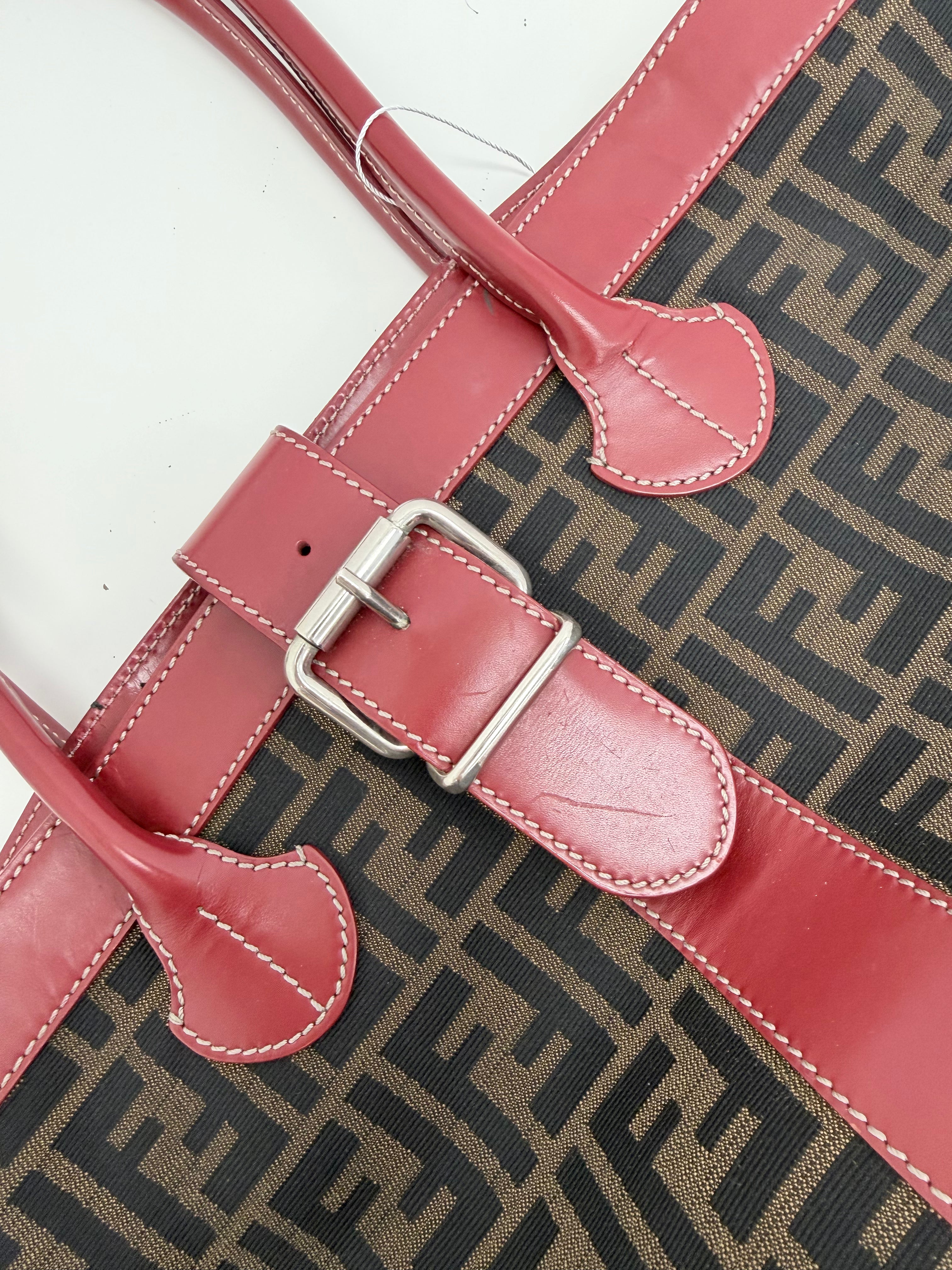 Fendi Zucca Tote Bag Red Leather Trim