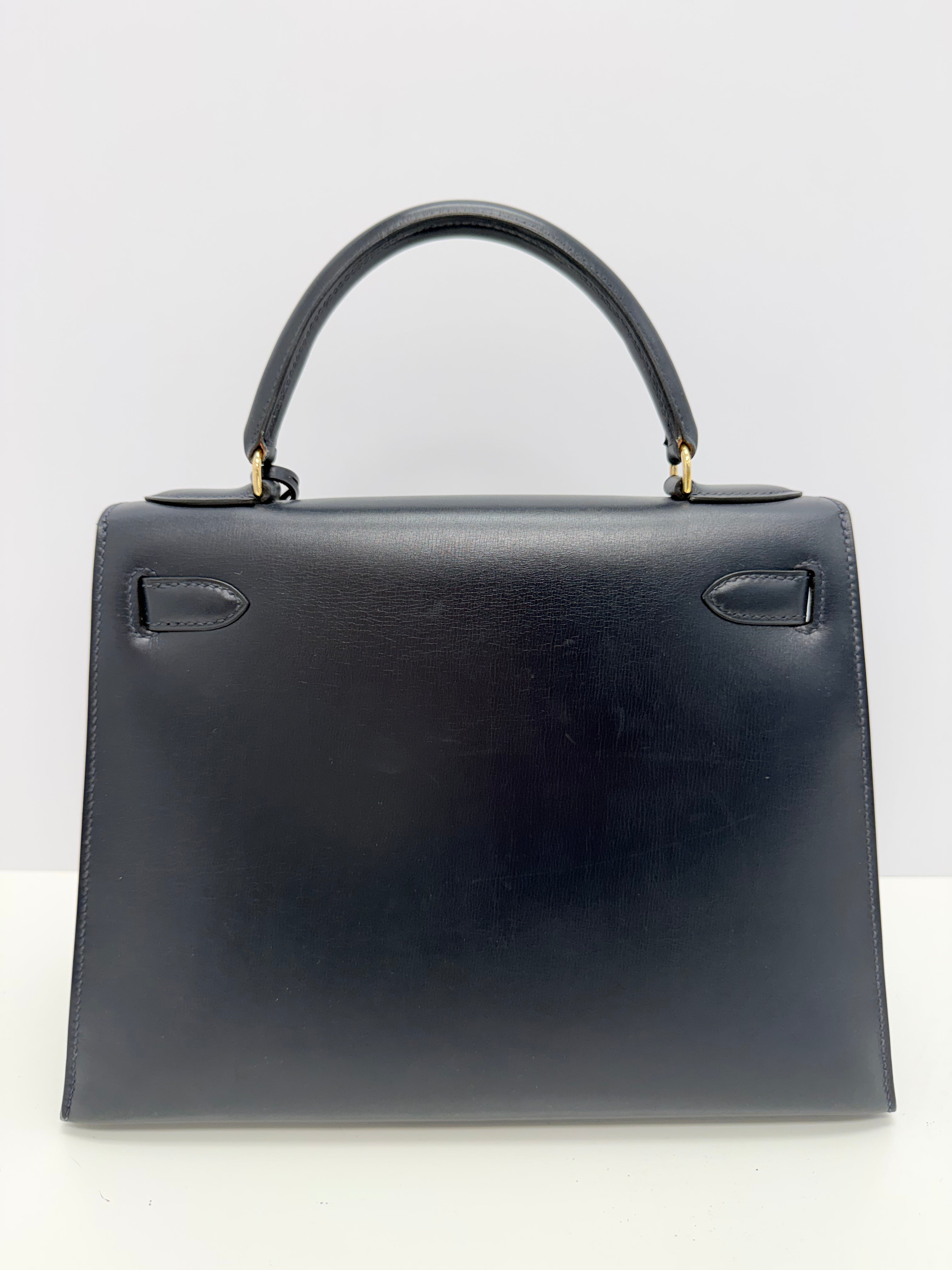 Hermes Vintage Kelly Sellier 28 Gold Finish Blue Nuit Box Top Handle Bag