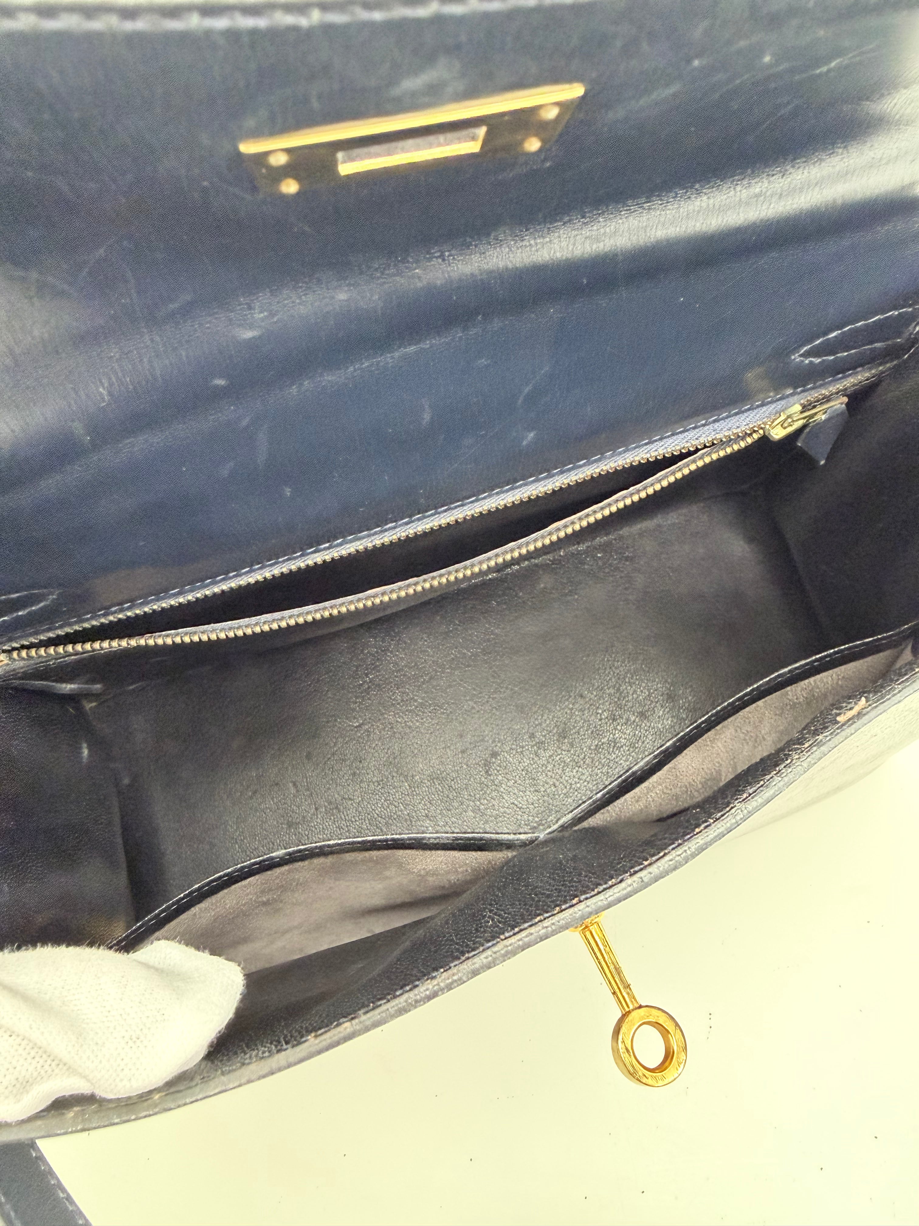 Hermes Vintage Kelly Sellier 28 Gold Finish Blue Nuit Box Top Handle Bag