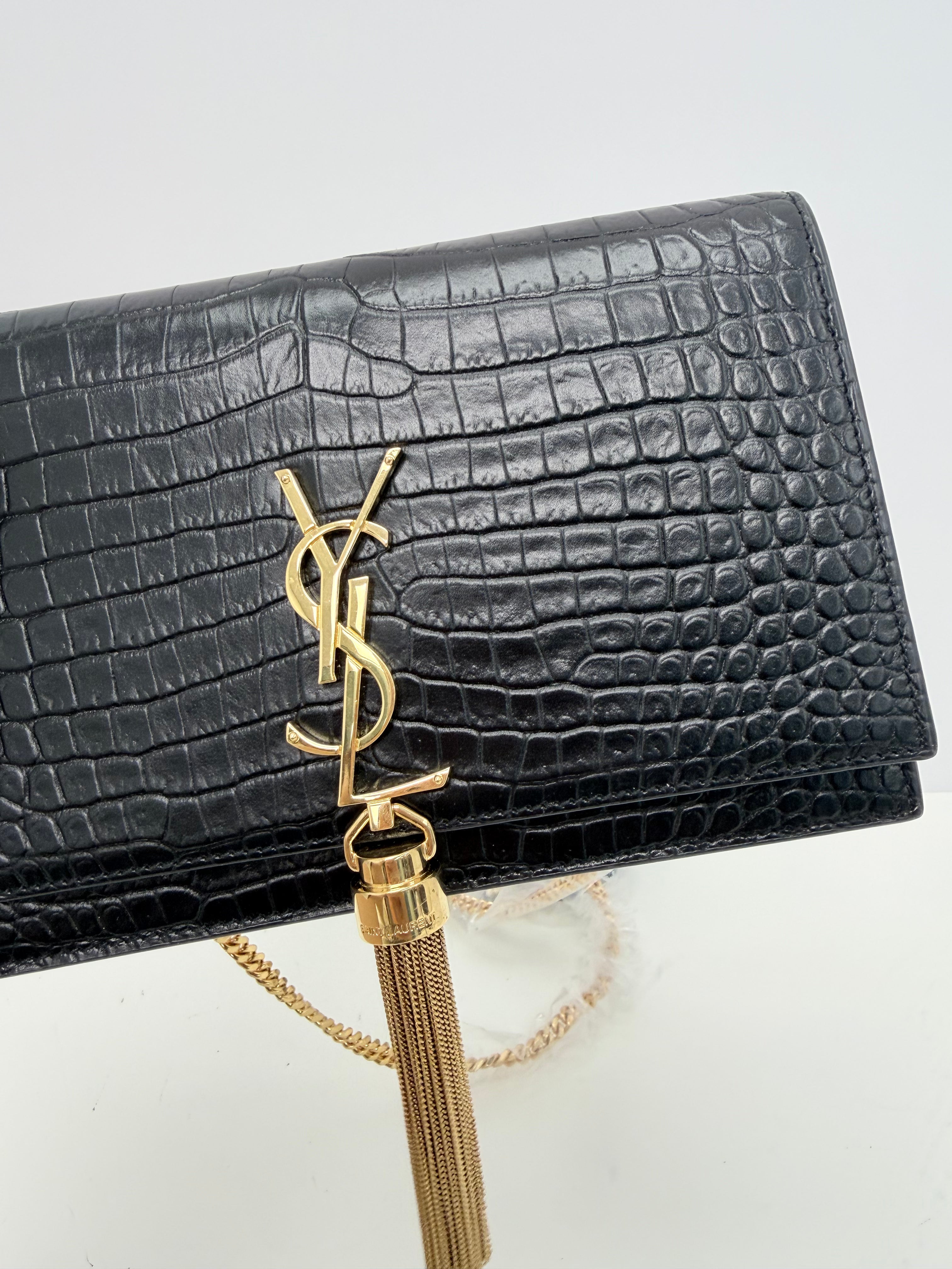 Saint Laurent  Crocodile Embossed Kate Tassel Crossbody Bag Small